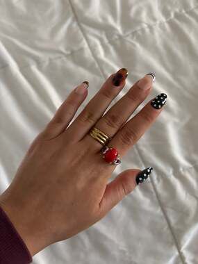 Red Coral Cabochon Like Ring with Heart Cutout Silver Tone Band